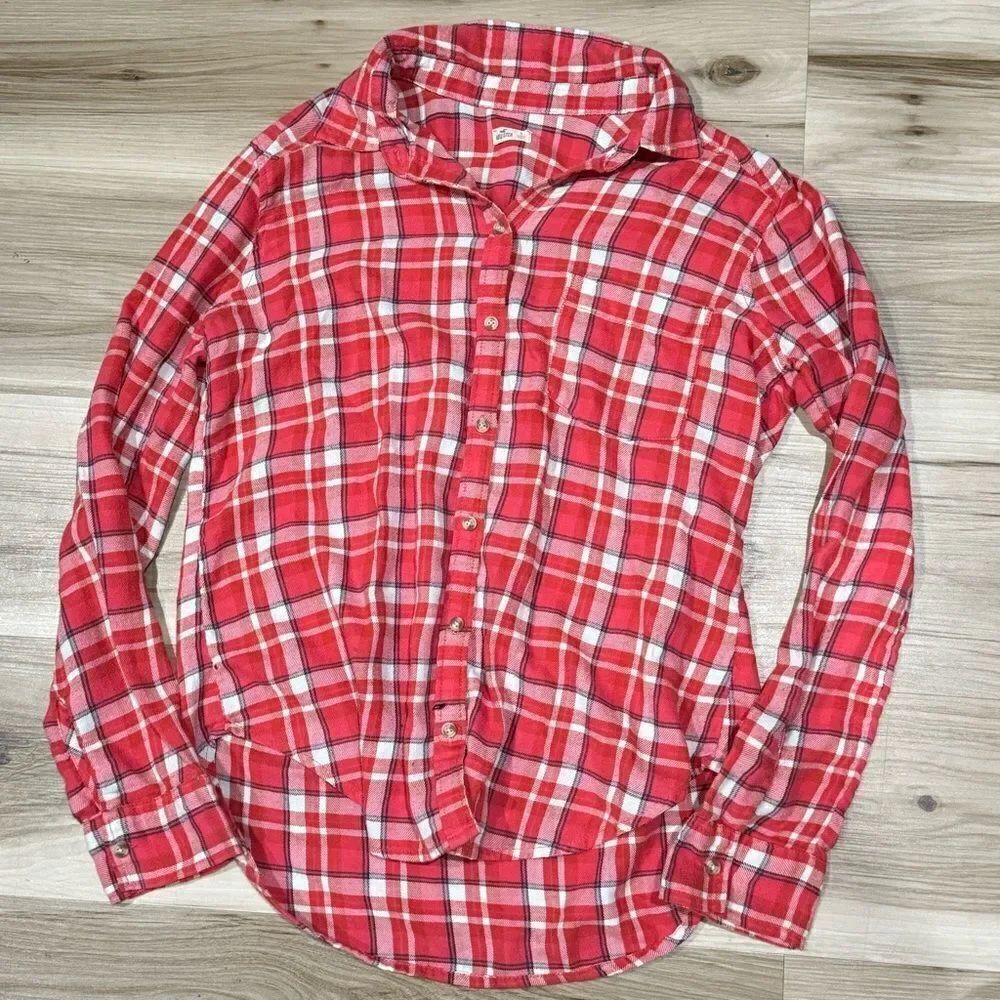 Hollister Plaid Red White Button Up Flannel Shirt Women’s Small